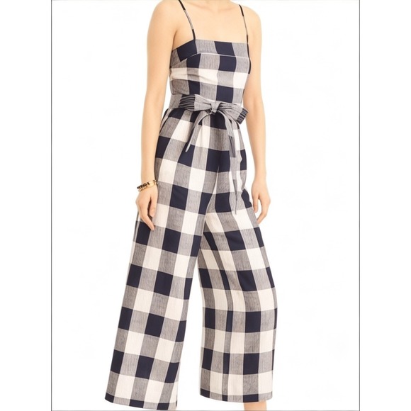 J. Crew Pants - J. Crew Gingham Linen Wide Leg Jumpsuit Women S Navy Ivory Summer Coastal Vacay